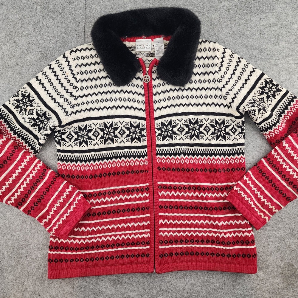 Villager Sport Red Fair Isle Faux Fur Collar Zip Up Cardigan Sweater Womens M